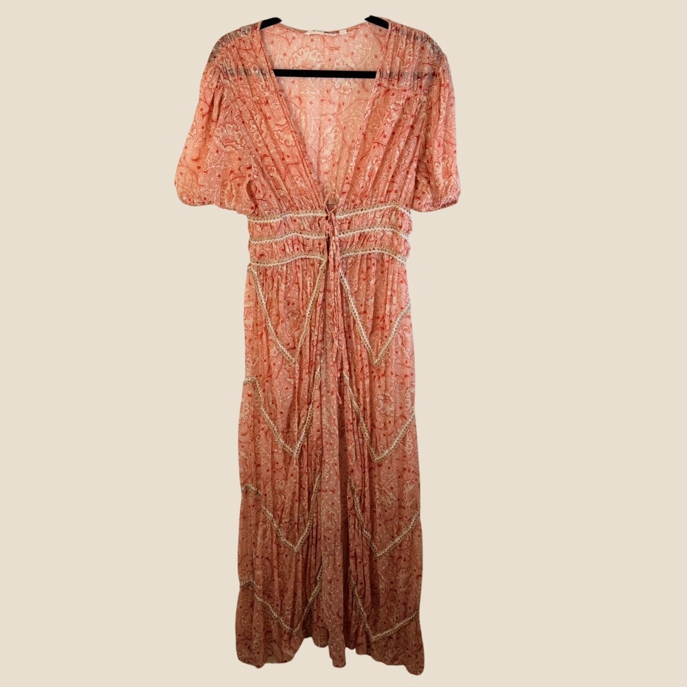 Forever That Girl Womens M Coral Paisley Lace Trim Long Duster Boho Country